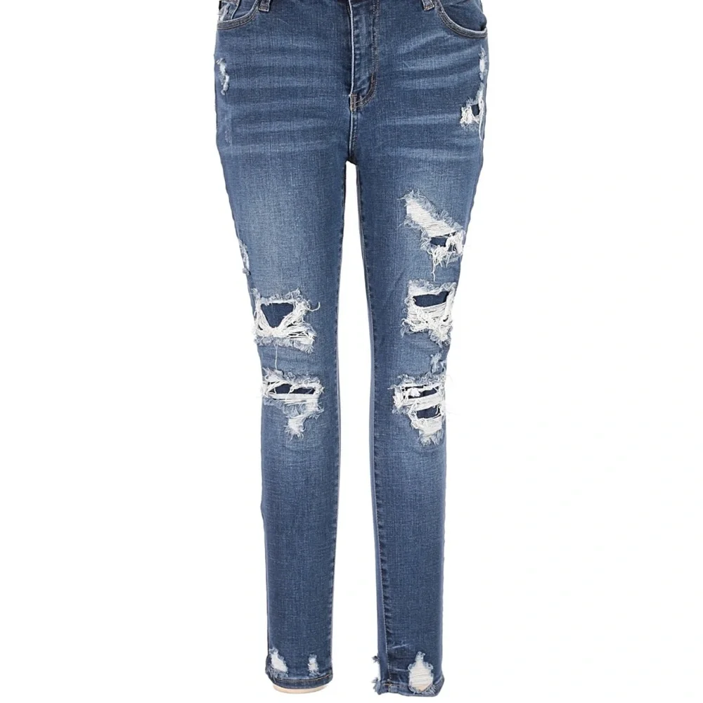 Judy Blue Distressed Skinny Jeans - Blue - Picture 3 of 7